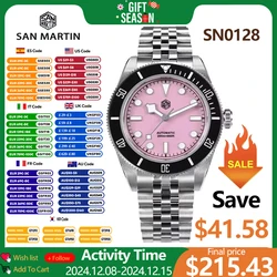 San Martin SN0128 40mm Men Dive Watch NH35 Automatic Mechanical Pink Dial Sapphire Luminous Waterproof Fashion Luxury Watches