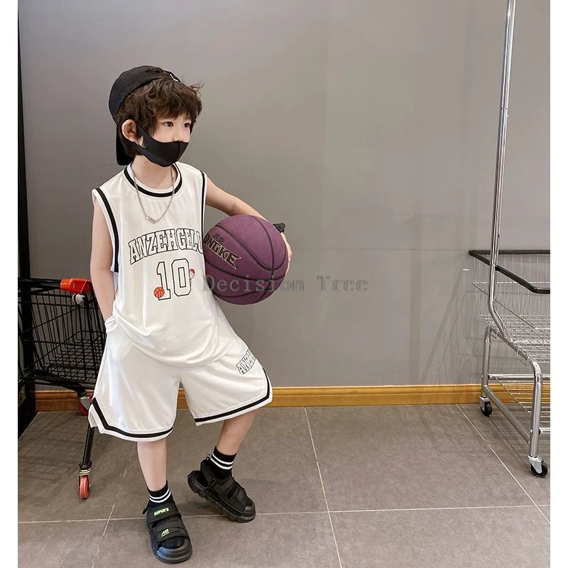 2024 Ijs Zijde Stof Jongens Basketbal Kledingstuk Koreaanse Stijl Dun Ademend Trainingspak Chinese Kinderen Klassieke Sport Tweedelige Set