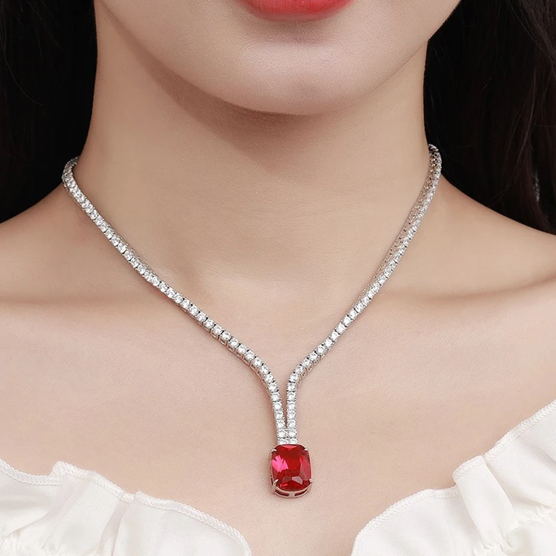 Cushion Cut Ruby Sapphire Pendant Necklace 925 Sterling Silver Iced Out Zircon Tennis Chain Women Necklace White Gold Plated