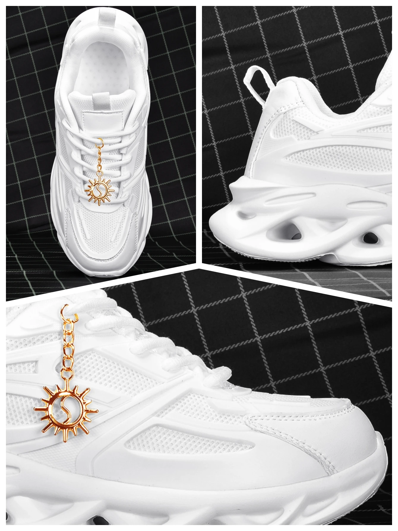 Women's Thick-Soled 5cm Height-Increasing Dad Shoes, Sweet and Cool Y2K Retro Style, Gold Sunflower Metal Decoration, Breathable Mesh, Eva Irregular Sole, White Casual Shoes, Trendy for Everyday Wear, Unique Design, Sweet and Cool Style, Student-Friendly, Versatile, Soft-Soled, Lightweight, Comfortable Sports Shoes for Women - view 5