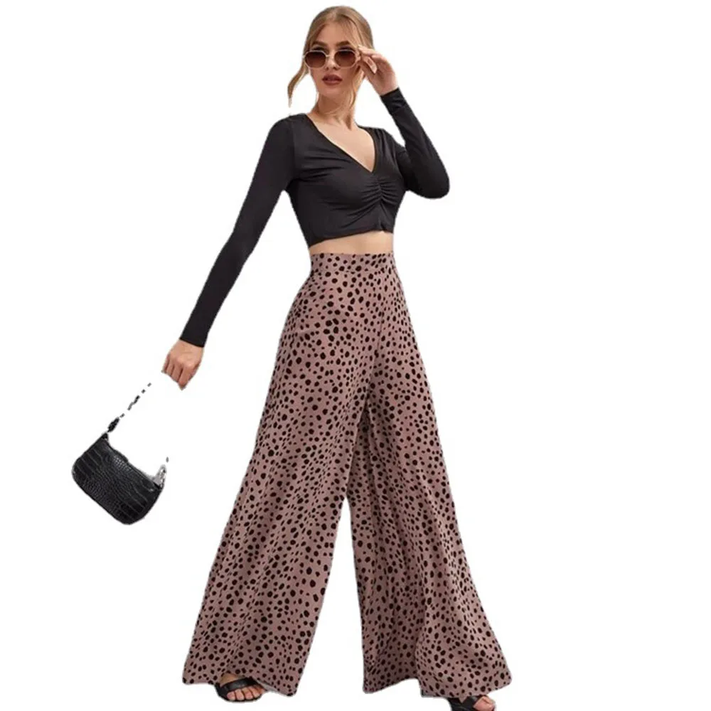 New Spring/Summer Loose High Waist Leopard Pattern Sagging Wide Leg Pants Swinging Leggings