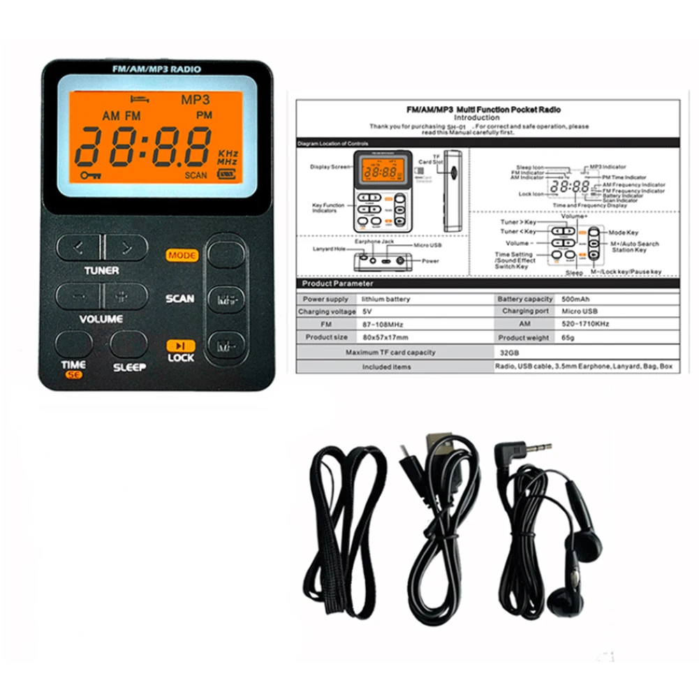 Multifunctional Portable Radio 2.1 Inch LED Display 2 Band Mini Digital Radio Micro USB Charging 3.5mm Jack for Sports Outdoor