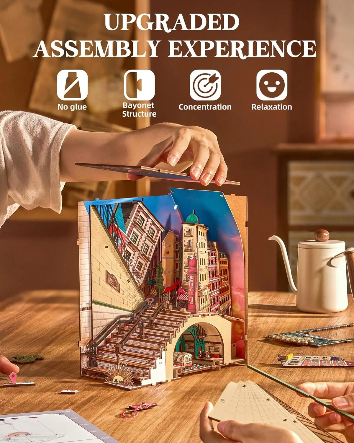 Robotime لتقوم بها بنفسك مصغرة منزل كتاب الزاوية أطقم مشهد الشارع Booknook مع أضواء Diorama نموذج بناء عدة ديكور هدية للبالغين