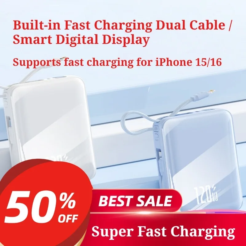 120W 20000mAh Portable Charger with Built-in Cable Compact Size and Fast-charging Function Super Fast Charging Portable Charger