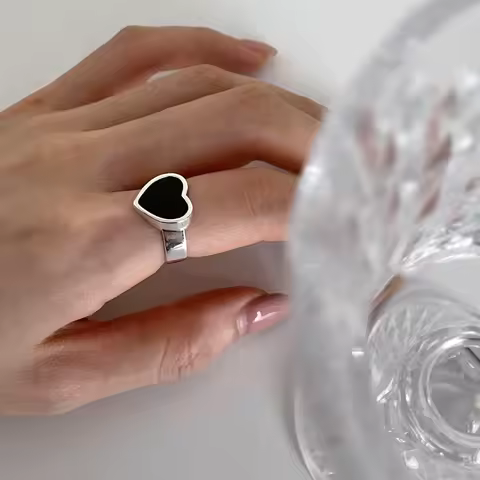 925 Sterling Silver Geometric Irregular Black Heart Rings for Women Men Bohemian Retro Adjustable Open Antique Personality Ring