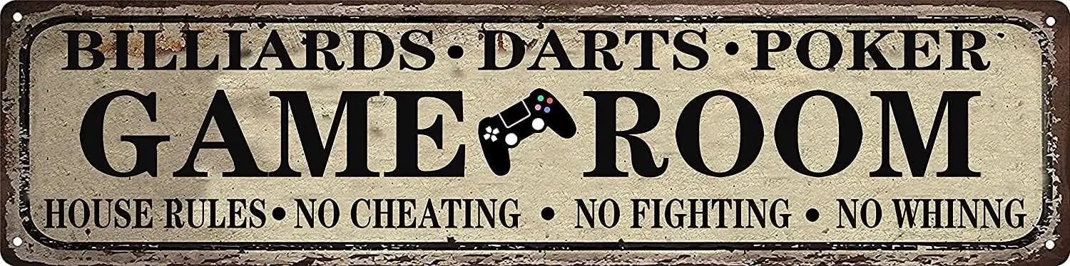 ICRAEZY Billiards Darts Poker Game Room Door Sign House Rules No Cheating No Fighting No Whinng Vintage Wall Signs Decor 4x16 In