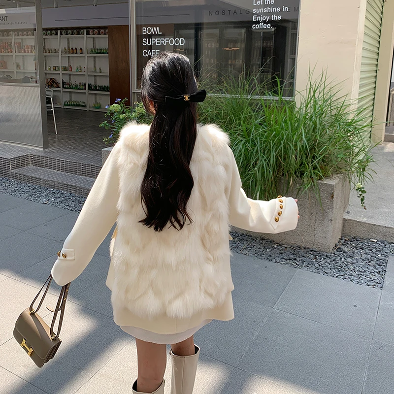 2023 Woolen fur, Wool Coat Women Luxury Natural Fox Fur Vest and Cashmere Wool Blends Jacket Female Winter Warm Two Pieces Set N