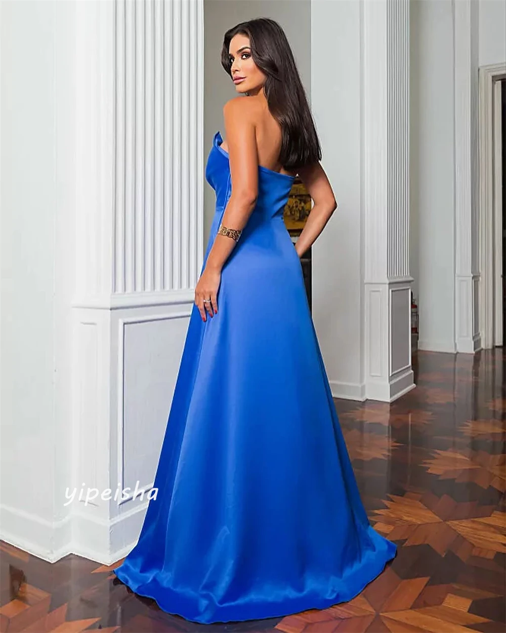 Satin Ruched Christmas A-line Strapless Bespoke Occasion Gown Long Dresses