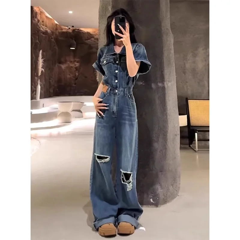 

Chic Washed Distressed Ripped Blue Denim Jumpsuit For Women's New Summer Loose American Vintage Street Slim Wide-leg Overalls
