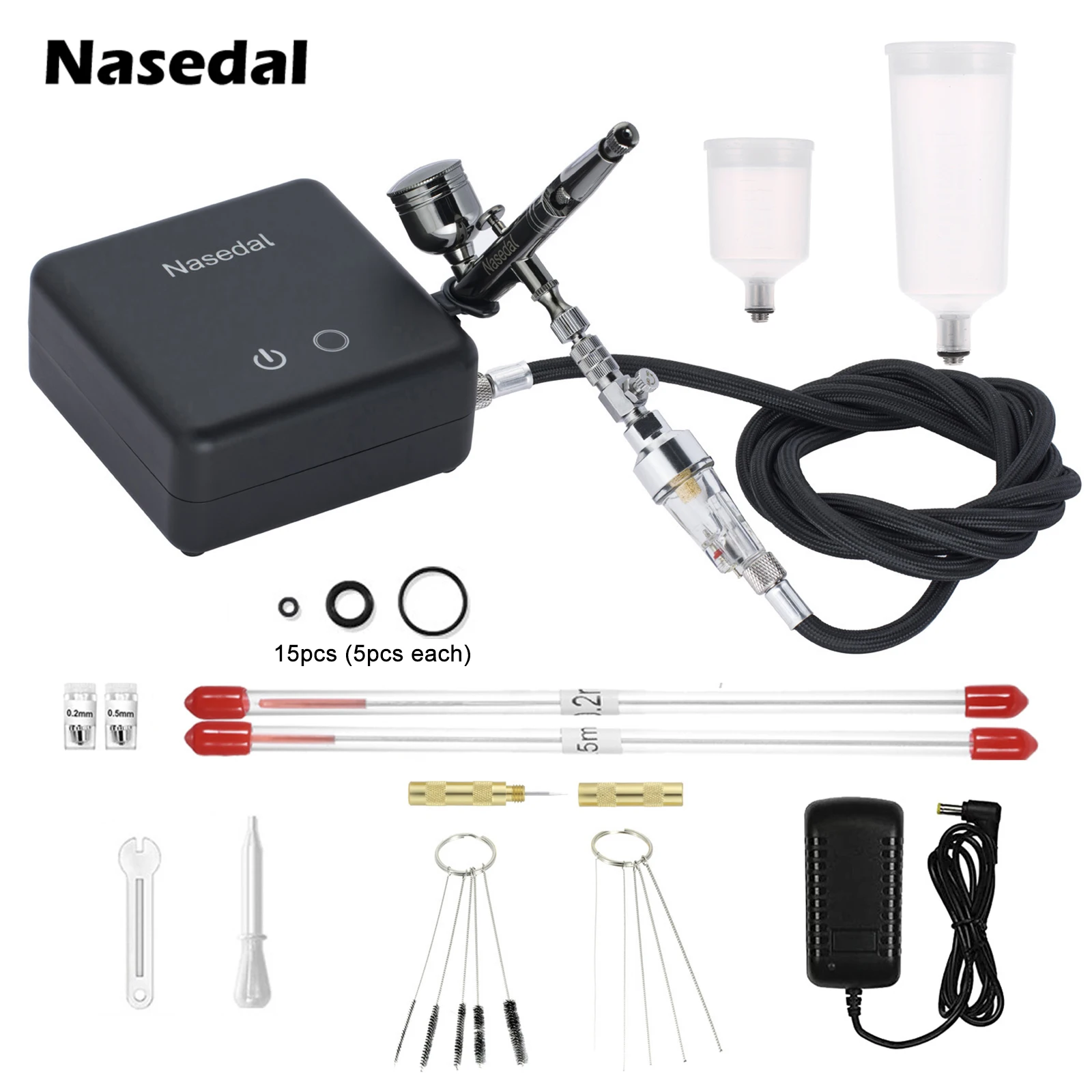 Nasedal Copper Airbrush Compressor Kit Auto-Stop 36Psi 7cc 0.3mm Dual-Action Airbrush Spray Gun for Model Cake Painting Nail Art