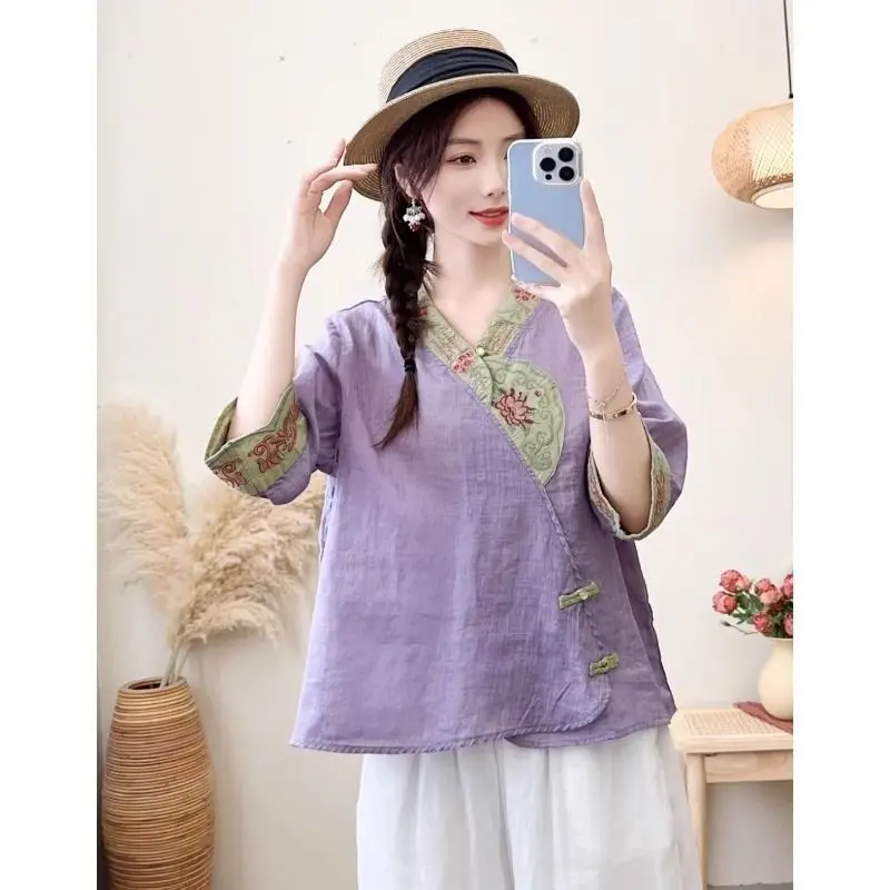 

Ethnic Style Embroidered Short Sleeves Cotton Linen T-shirt for Women Summer Artistic Half Sleeves Tops Fashion Women Clothing
