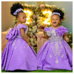 Luxury Lavender Girls Birthday Dress Beading With Bow Floral Flower Girl Dresses Queen Ball Gowns for Wedding Party Customized