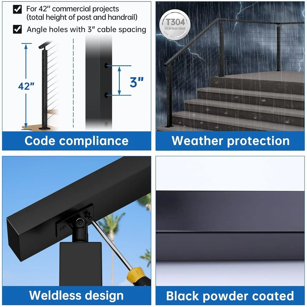 Black Stair Cable Railing Post 42 Inch Stainless Steel T304 Outdoor Indoor Staircase Structural Kit Weather Resistant