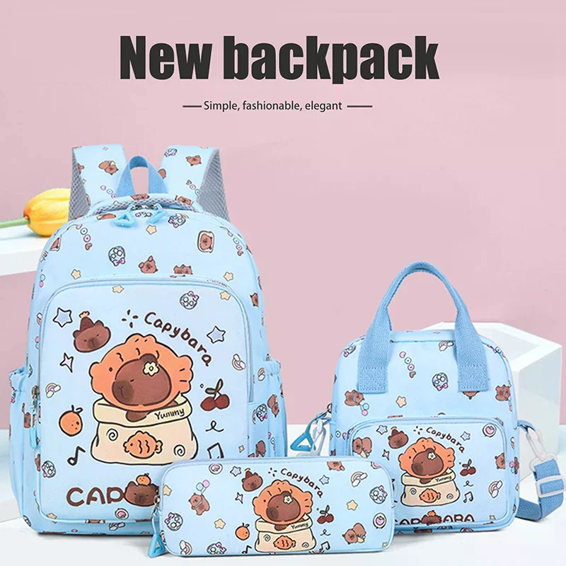 3Pcs Cute Cartoon Capybara Pencil Bag Lunch Pack Backpack Set Large Capacity Student School Bag Casual Lightweight Backpack