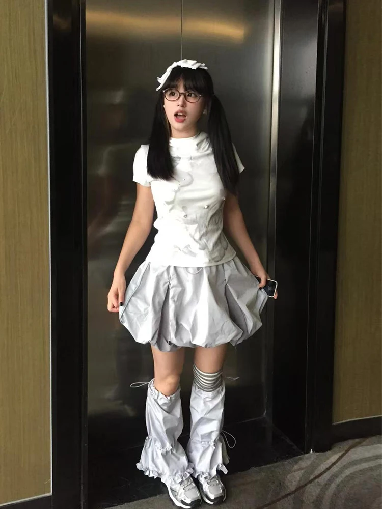 

Silver ey Spicy Girl Flower Bud f Skirt Women's Elastic Waist Versatile Casual Puffy ort Skirt High Waist ort Skirt