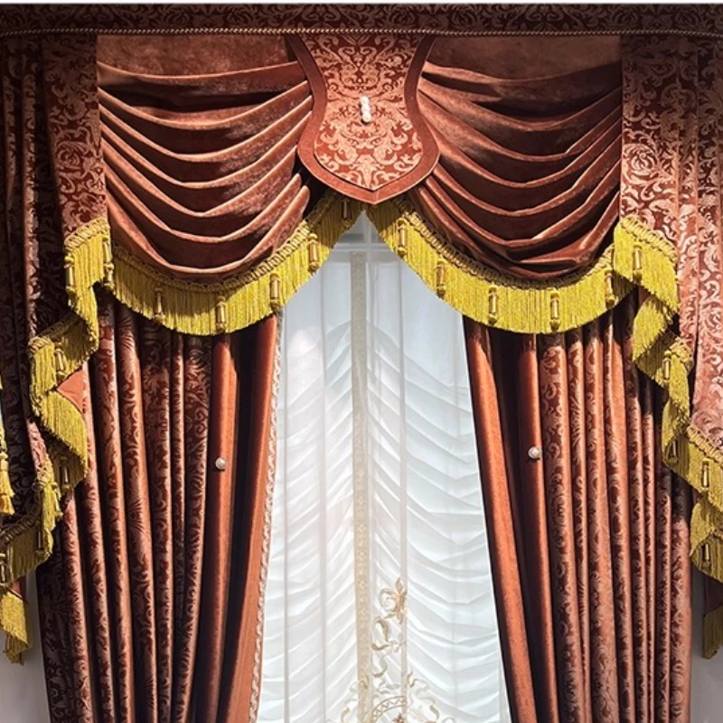 Custom Size European White Tulle Retro Gold Stamping Velvet Cloth Embroidered Yarn Curtains for Living Dining Room Bedroom