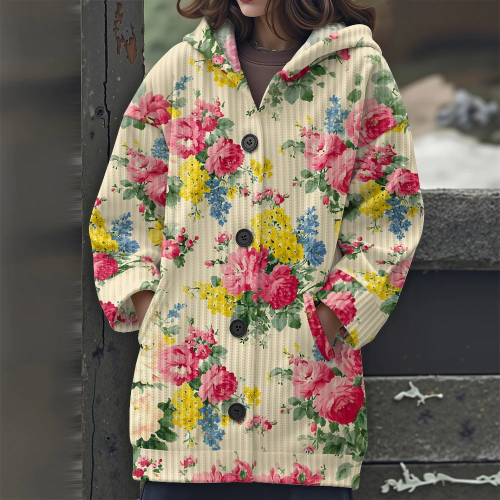 수채화 꽃 캐주얼 여성용 스웨터 꽃잎 패턴 여성용 스웨터 열대 식물과 꽃 후드 스웨터