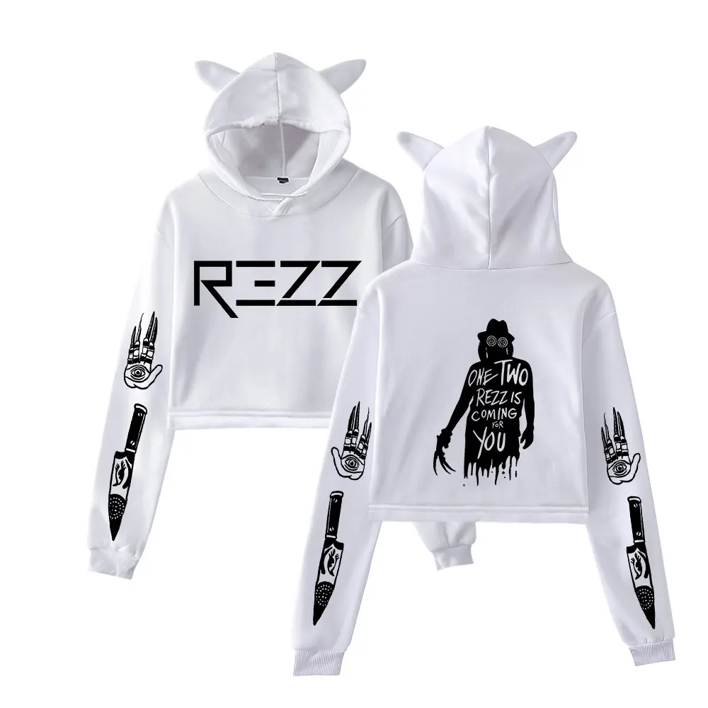 Rezz One Two Cat Ear Hoodie Women Long Sleeve Sweatshirts Casual Streetwear Crop Tops