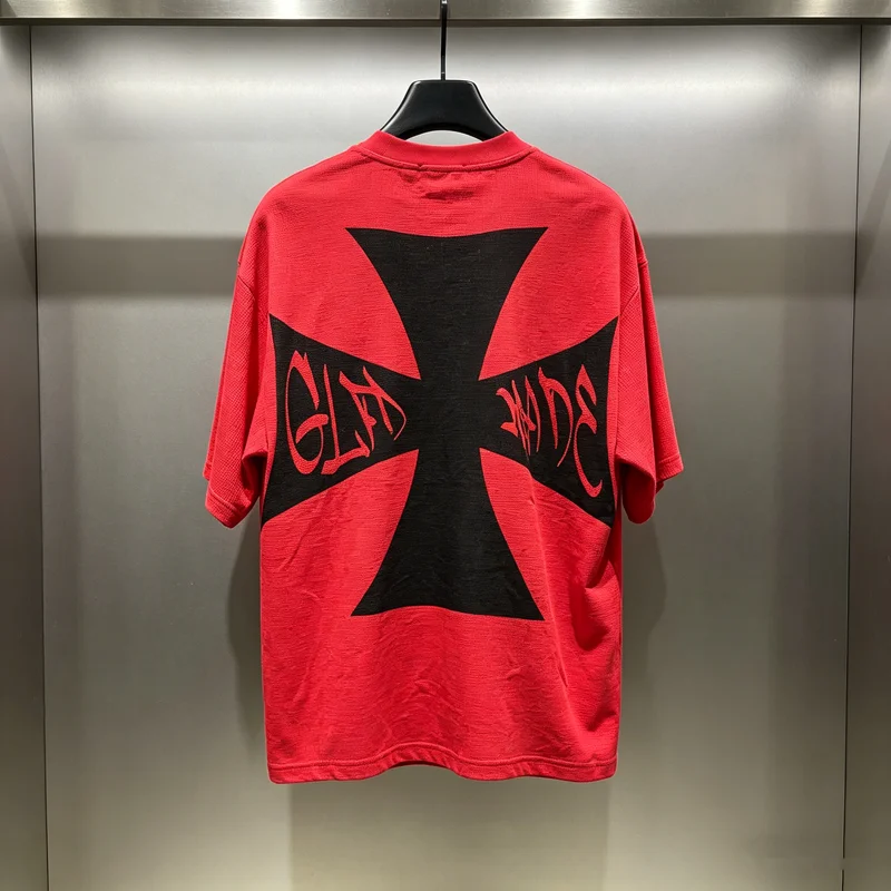 Classic Party Club Print T Shirt Red Waffle Short Sleeve Men Women Back Big Cross Print Loose T-shirt Tops Tee