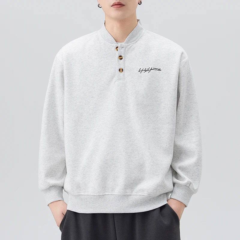 Winter Autumn Men's Henry Collar Tshits Button Down Long Sleeve Tee Shit Trendy Heavyweight Thick Warm Standing Collar T-Shirt