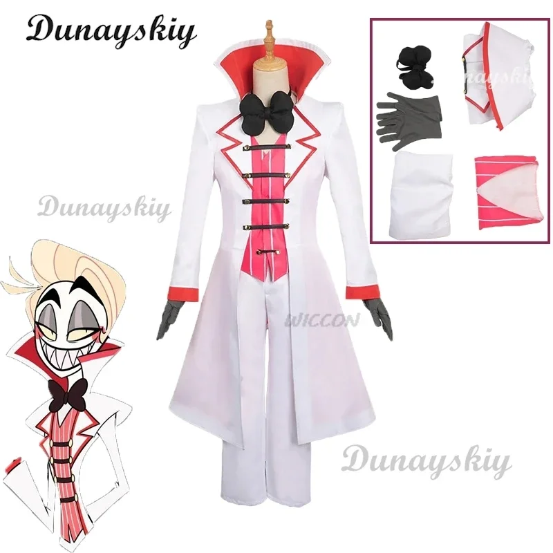 Disfraz de Anime Hazbin Cos Hotel, disfraz de Lucifer para hombres adultos, uniforme, Tops, pantalones, trajes de fantasía, traje de Halloween Hazbin