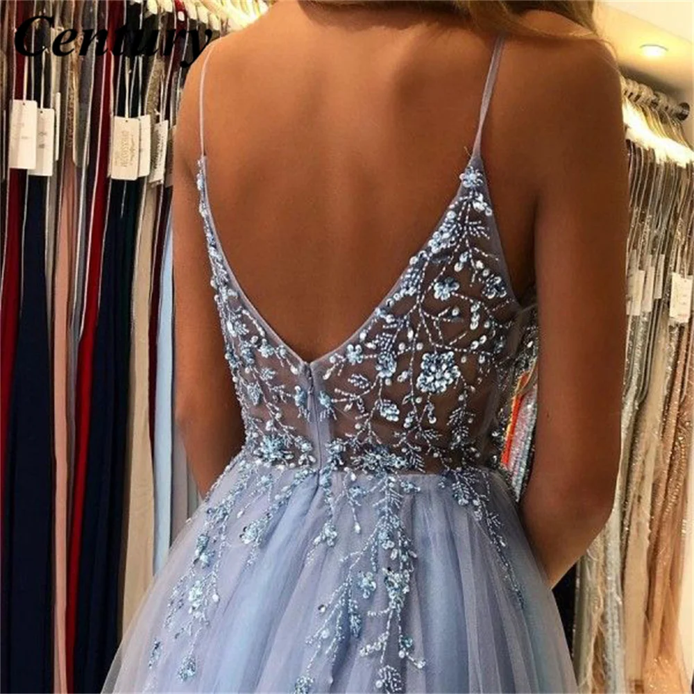 Customized Spaghetti Strap V Neck Prom Dress Com Beading Applique Celebrity Dress Vestido de noite das mulheres High Split Gown