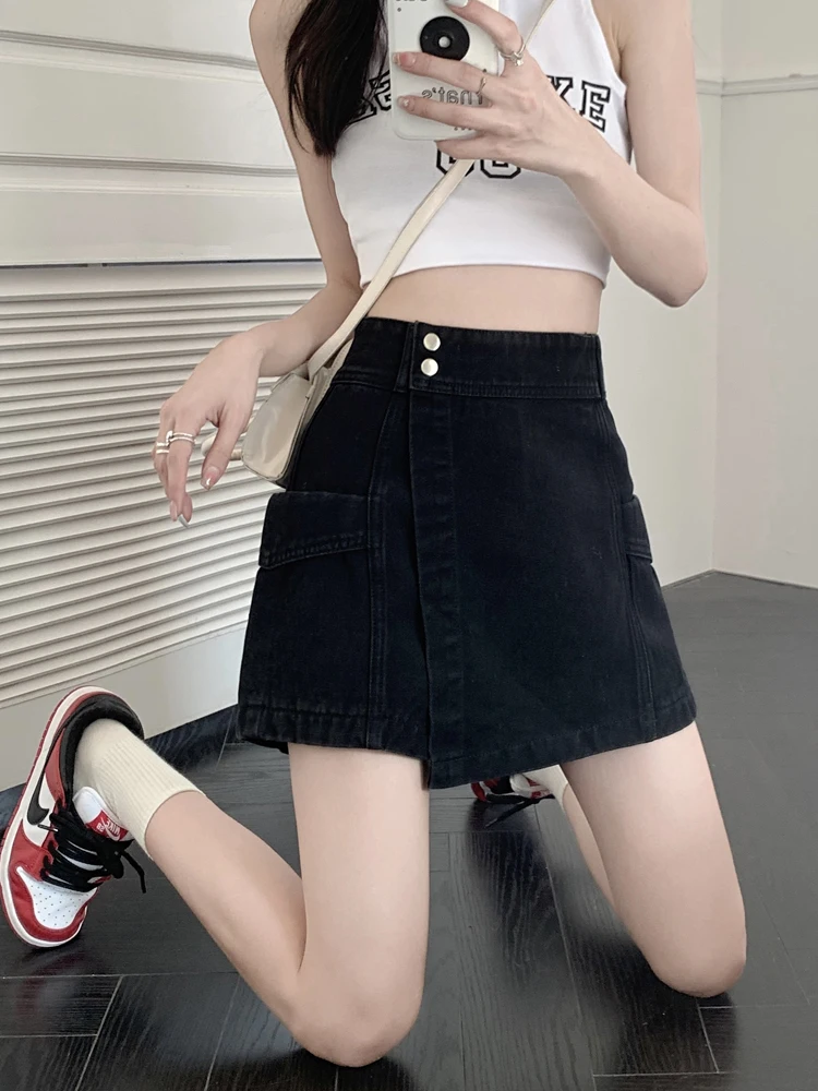 ارتفاع الخصر بالإضافة إلى حجم الدنيم orts المرأة غير المتكافئة ألف خط تنورة تصميم مستقيم الساق واسعة الساق السراويل تنورة