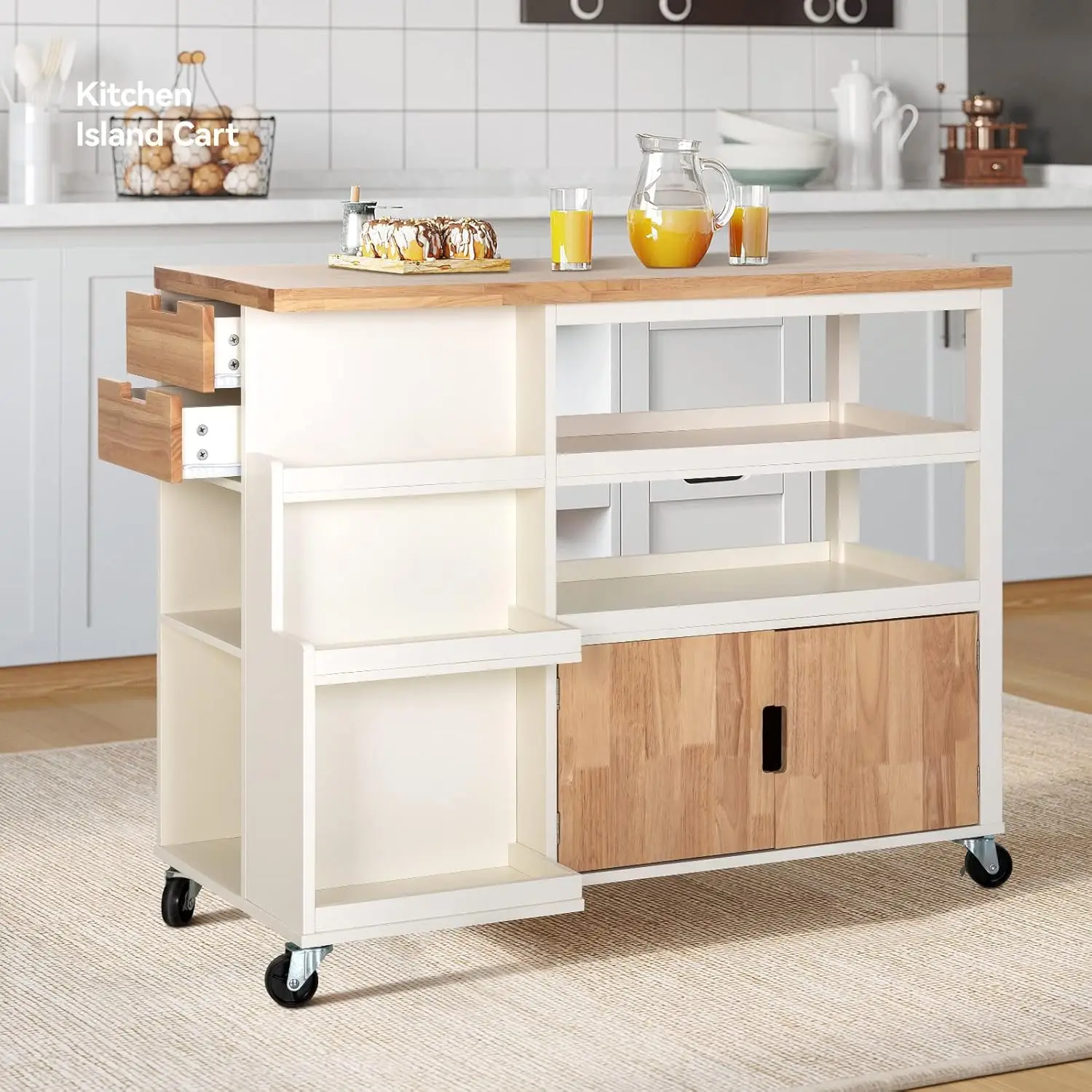 William Kitchen Island Cart auf Rollen, rollender Küchenwagen mit Tischplatte aus Gummiholz, Aufbewahrungsschubladen, Schrank und