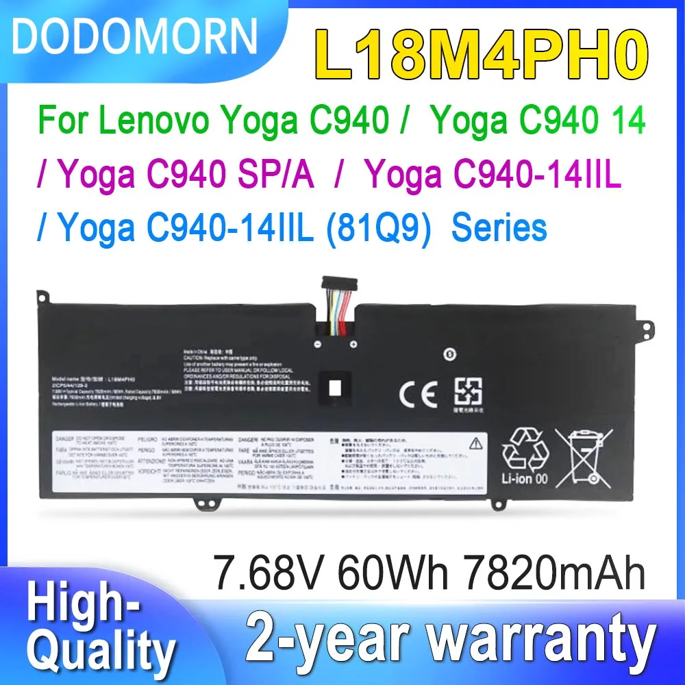 

DODOMORN L18M4PH0 For Lenovo Yoga C940 SP/A C940-14IIL 81Q9 Laptop Battery L18C4PH0 5B10T11585 5B10T11586 5B10W67374 60Wh 7.68V