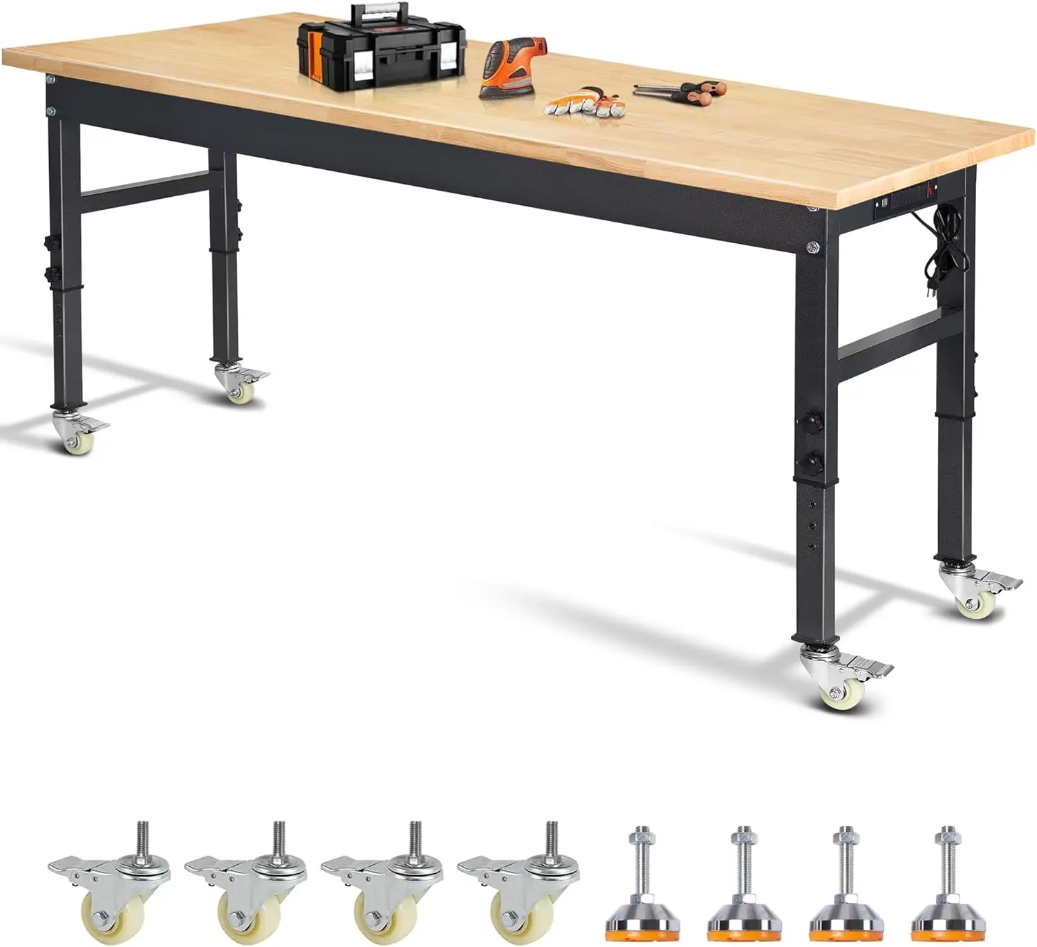 70'' Adjustable Workbench, Rubber Wood Top Work Bench Heavy-Duty Work Table with Socket, Wheels and Fixed Legs 2000 LBS Load