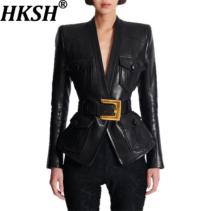 

HKSH Women Jacket PU Leather V-neck Belted Waist Cinching Slim Fit Multi-pocket Streetwear Punk Techwear Coat New Spring HK10863