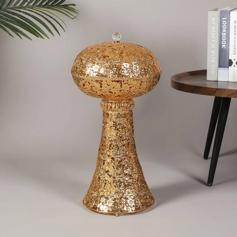 Arabic Large Golden Bakhoor Incense Burner Hollow‑out Lid Fine Craft Metal Censer Home Living Room Tabletop Decorative Ornament