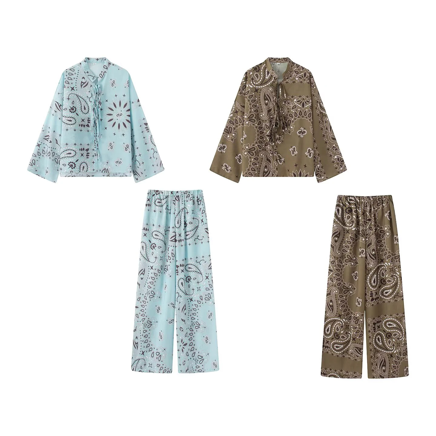 Sommerliches neues Damen-Set im lockeren Stil mit Reverskragen, langen Ärmeln, Schmetterlingsmuster, Schnürung und langer Freizeithose.