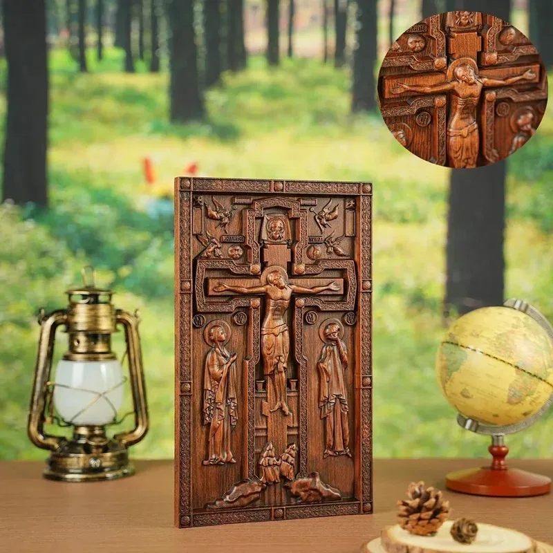 Vintage Square Wooden Orthodox Crucifixion Decor Home Church Wall Hanging Crafts