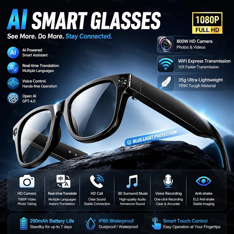 New AI Smart Glasses TR Tough Material 4K 800W Camera Photos AI ChatGPT 4.0 Translation Glasses Music Sunglasses Women Men 2026