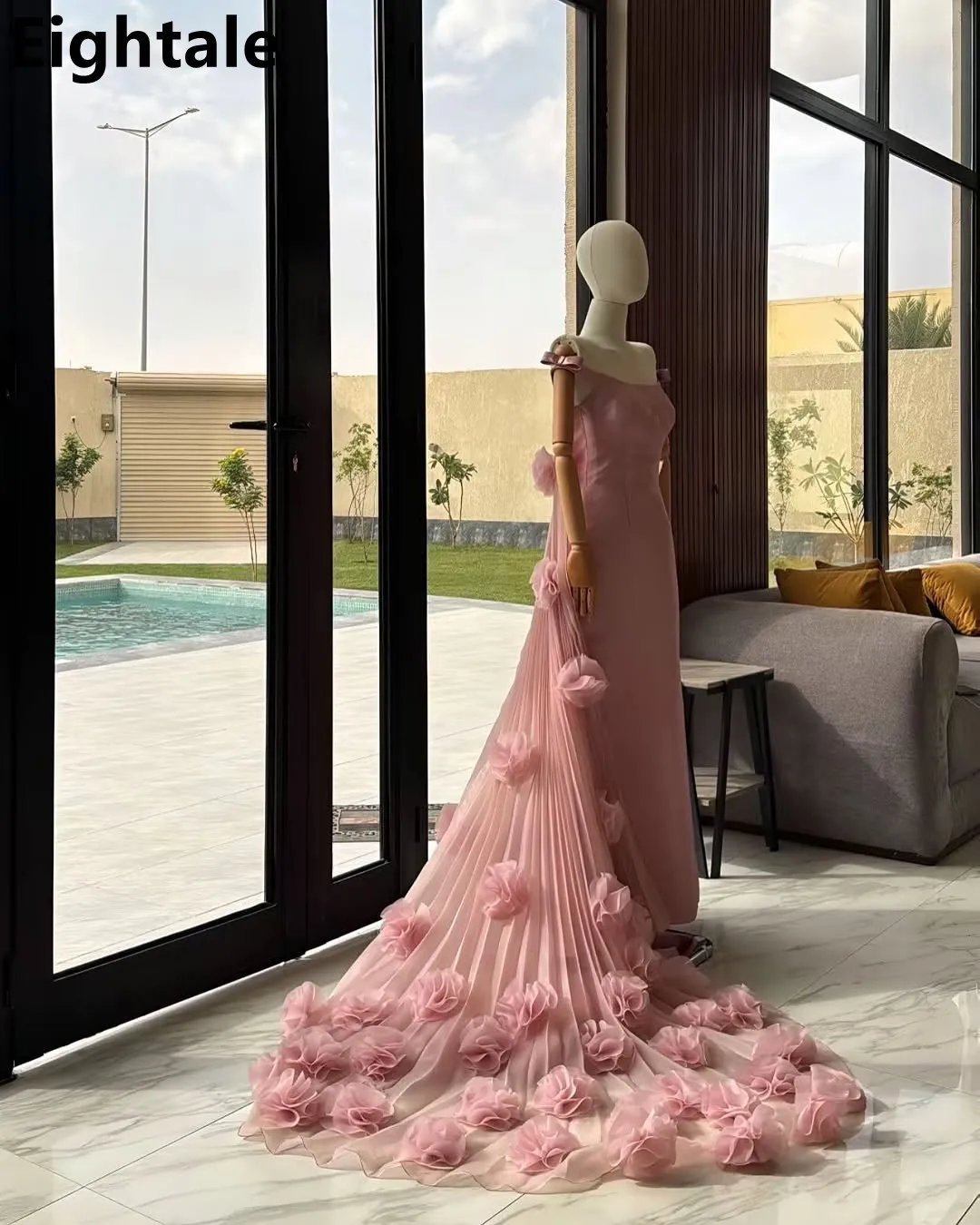 Eightale 2025-vestido de noche de sirena rosa con flores de lujo, vestido de fiesta de boda con hombros descubiertos, vestido de fiesta árabe saudí personalizado