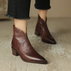 Women Pointy Brown Ankle Boots High Heels Shoes Woman Vintage Chelsea Boots Autumn PU Leather Femme Mid-heel Stubby Ankle Boots