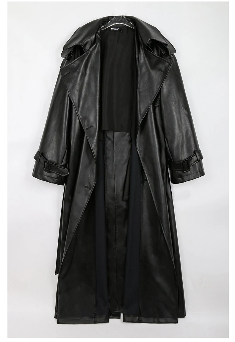 Nerazzurri Spring Autumn Long Oversized Black Pu Leather Trench Coat for Women Belt Double Breasted Loose Casual Korean Fashion