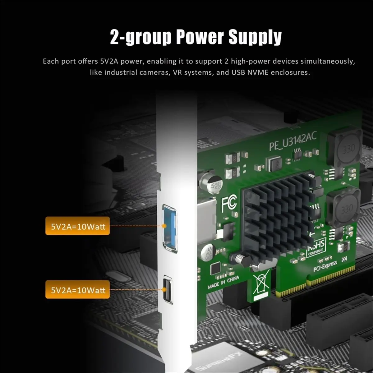 2-Port 10Gb USB 3.1 Gen2 (Type-C) to PCIe X4 Expansion Card, High-Speed Desktop USB Adapter for PC Motherboard Upgrade