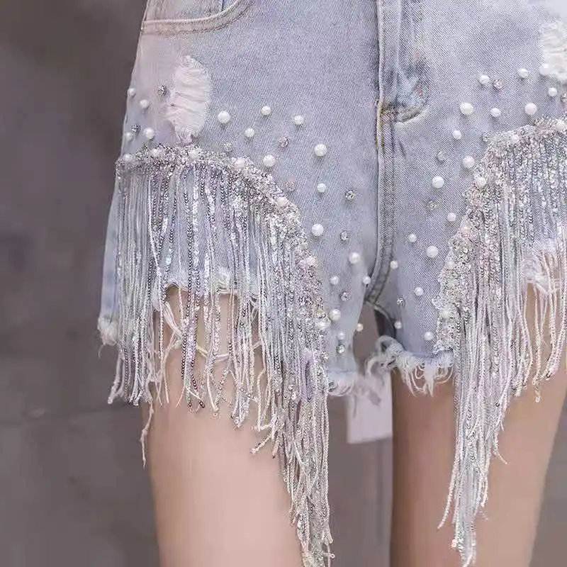 Diamond-Infused Heavy Industry Sequin Tassel Denim Shorts Spring Denim Shorts Women'S Celebrity High-Waisted Jeans