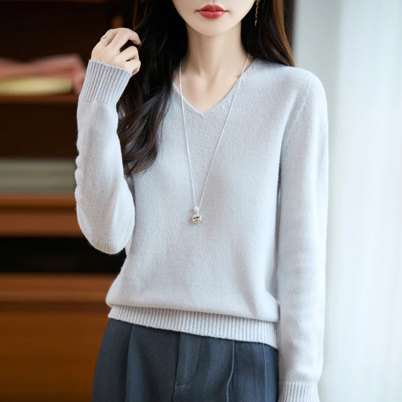 

Autumn And Winter Merino Wool Sweater V-Neck Thick Soft Pullover Women Long Sleeve Knitwear Basic Elegant Clothing Tops