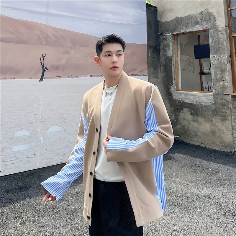 

Spring Trendy Korean Loose Fit Long Sve Collarl Men's irt Casual Striped Color Blo Faionable Youth Polyester