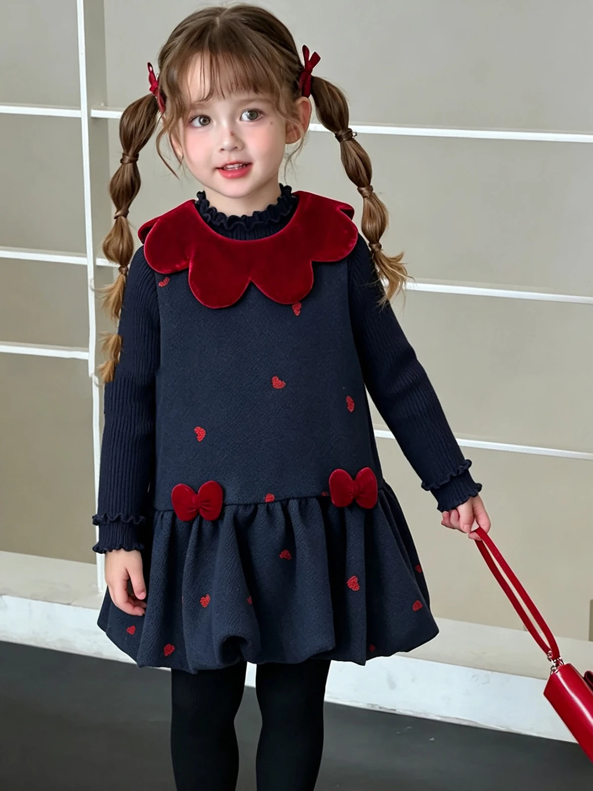 Girls Lace Collar Dress – Heart Bow Long Sleeve Christmas Princess Gown, Cute Holiday Outfit for Toddler Kids