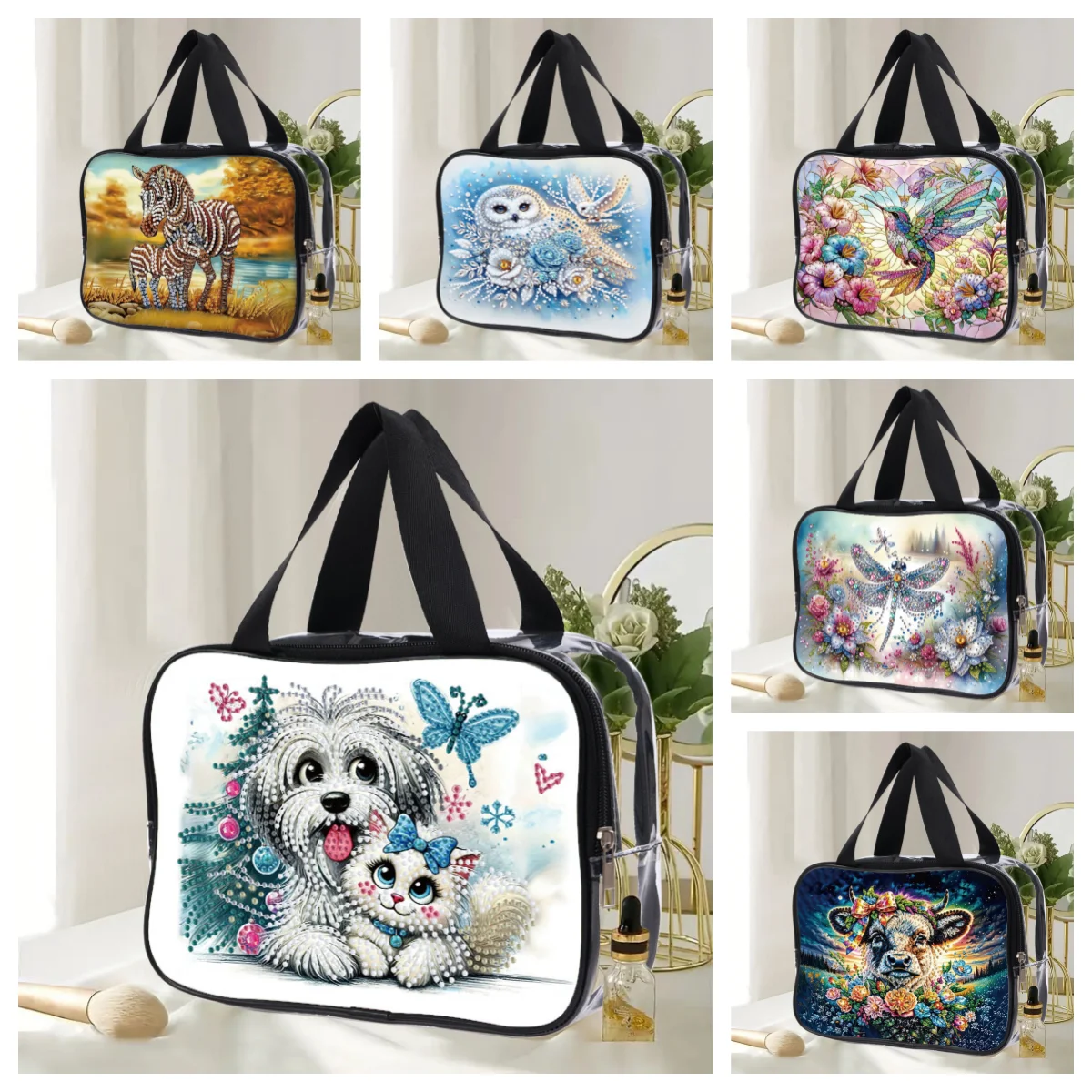 

1 набор косметичек с милой ромбовидной росписью в виде животных своими руками, прозрачная сумка для туалетных принадлежностей из ПВХ, женская косметичка для повседневного хранения