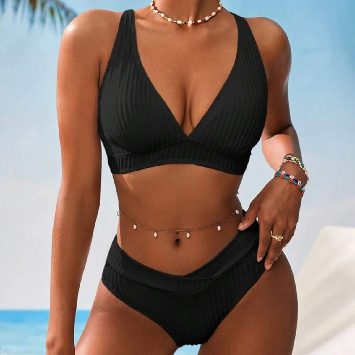 

Bikini Solid Color Deep V Threaded Pit Strip Sexy Bikini Split Swimsuit Women's 2025 New