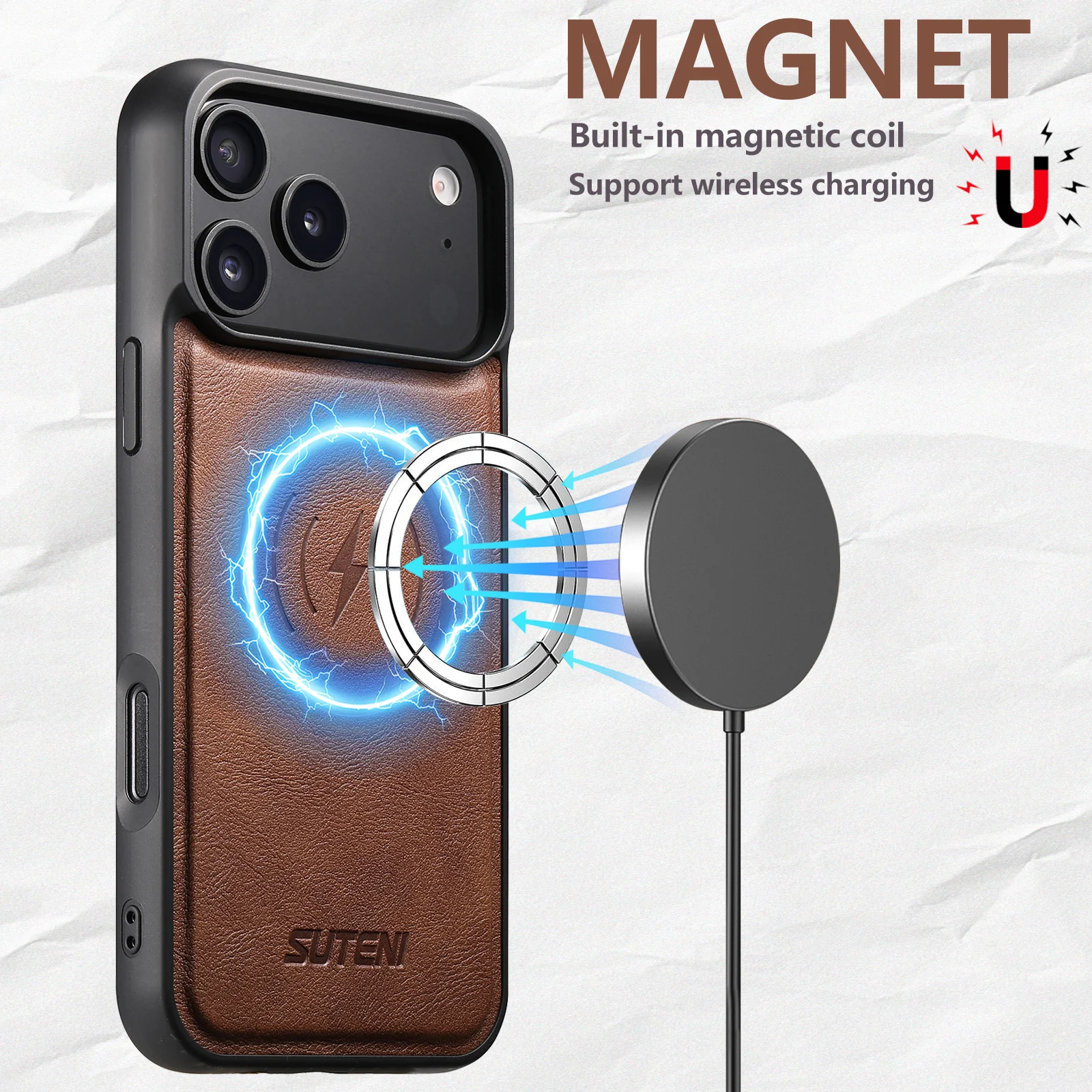 SUTENI Mattierte Kunstleder-Handyhülle mit Magnet und kabelloser Ladefunktion für iPhone 18 Pro Max 17 Air 16 Plus 15 14 13 12 – Detail 3