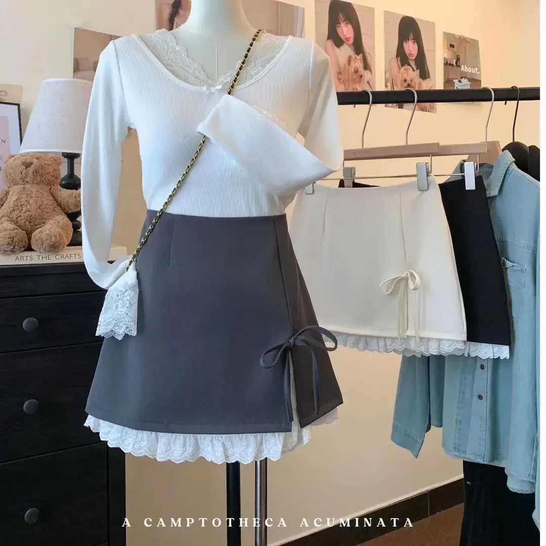 

Korean Style Half-skirt Summer Bow 2026 New Style Lace-up Gray Short Skirt for Commuting and Casual College Style