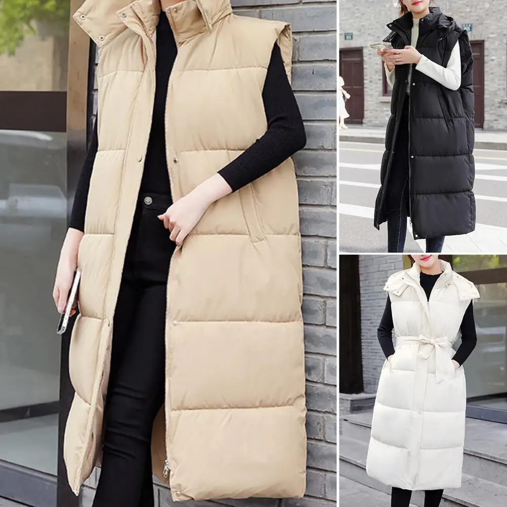 Pocket Decoration Vest Women's Windproof Hooded Cotton Padded Vest Coat Long Down Waistcoat Outwear for Autumn Winter Warm Snow