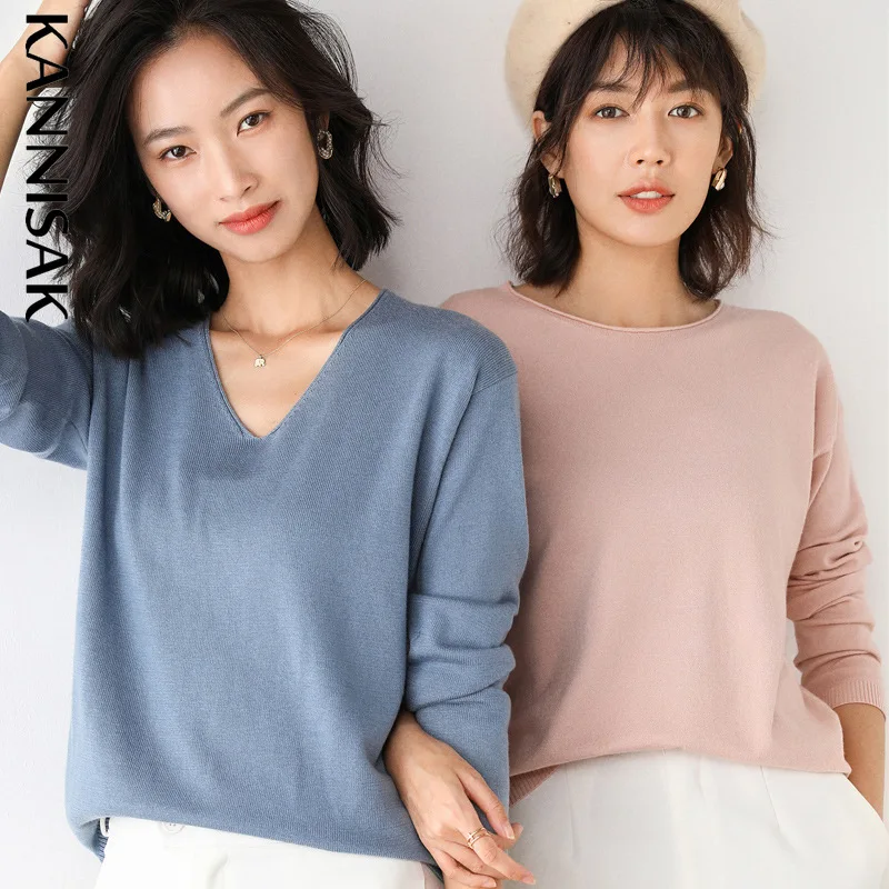 2023 Spring Autumn Womens Sweater Solid Knitwear Korean Loose Female Basic Casual Jumpers Stretch Pullover Sky Blue Pink Sweater