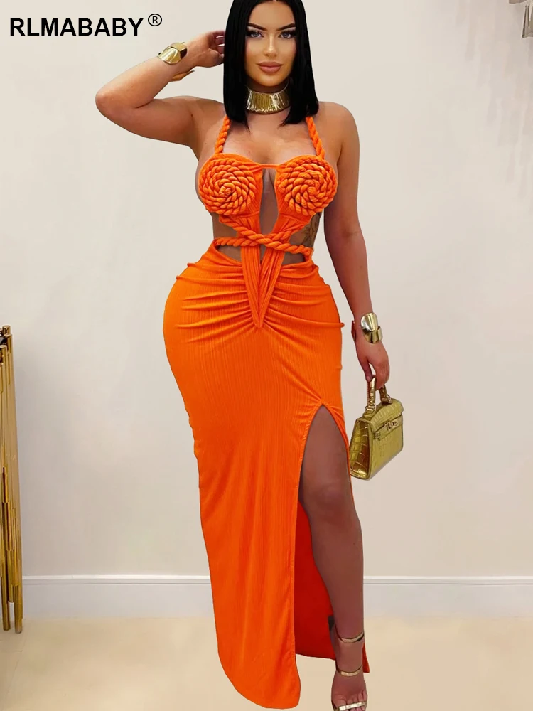 RLMABABY Sexy Knit Rib Backless Halter Women Long Bodycon Dress Sleeveless Ruched Thigh High Split Club Party Sheath Maxi Dress